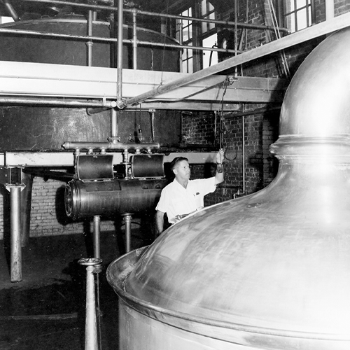 Brewery worker next to beer tanks